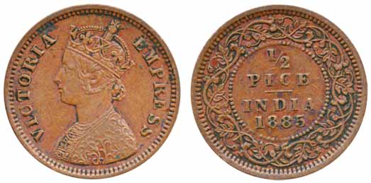Victoria Empress, Copper, ½ Pice, 1885, Calcutta Mint. Very fine+, scarce.