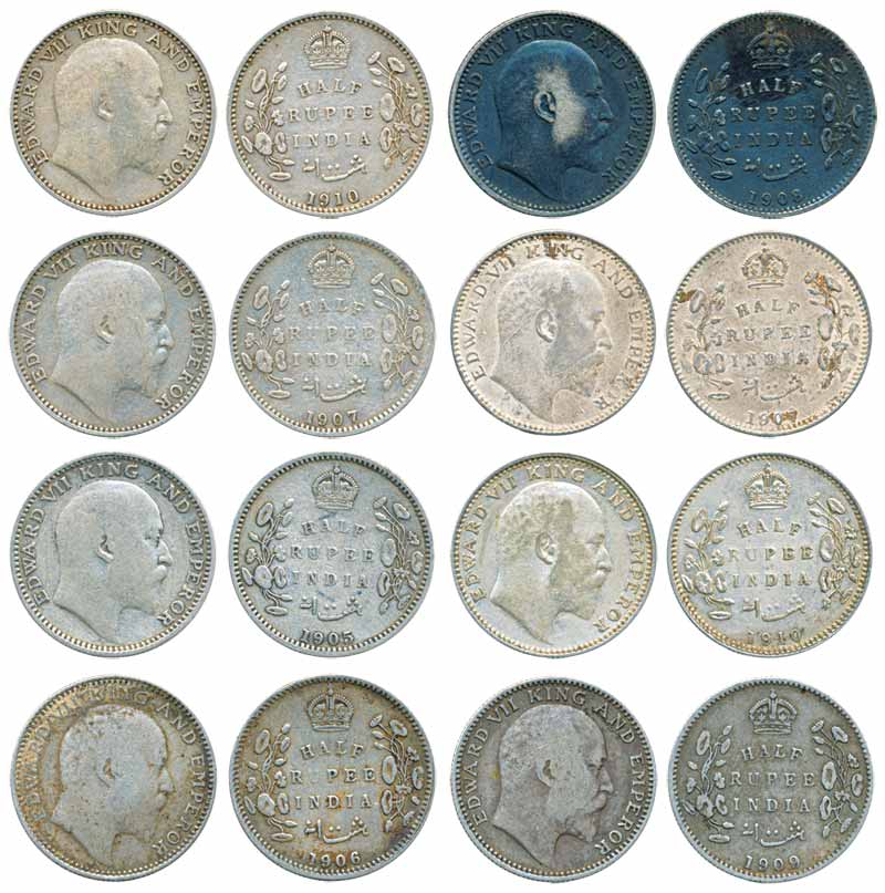 Edward VII, Silver ½ Rupees (8), 1905, Calcutta Mint, no mint mark (Prid# 309), 1906, Calc