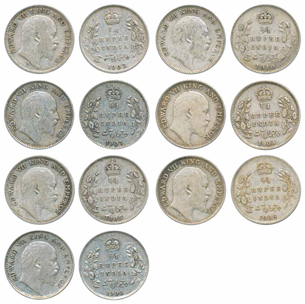 Edward VII, Silver ¼ Rupees (7), 1903, Calcutta Mint, no mint mark (Prid# 432), 1904, Calc
