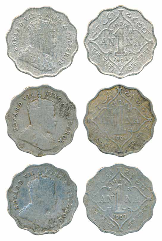 Edward VII, Brass- Nickel, 1 Anna (3), 1907, 1908 & 1909. Fine to very fine, scarce.