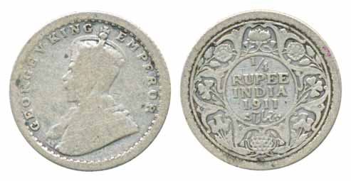 George V, Silver ¼ Rupee, 1911, Calcutta Mint, no mint mark (Prid# 440). Fine+, rare.