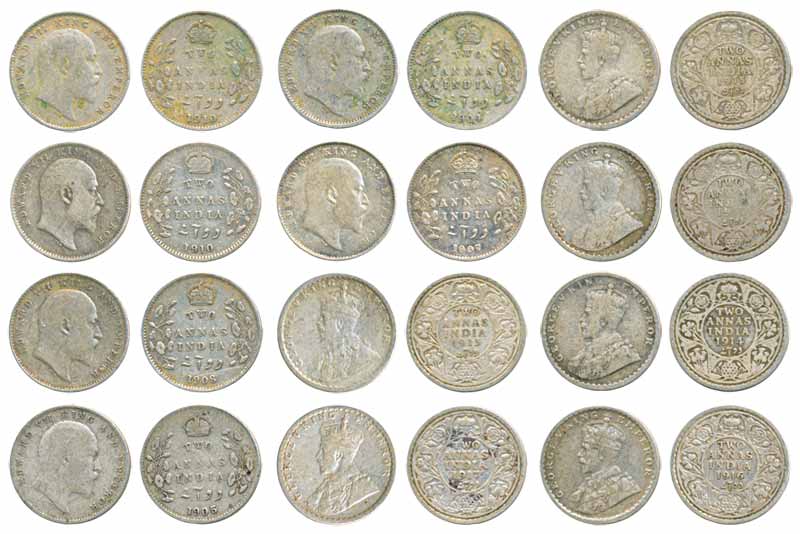 Assorted Silver 2 Annas (12), Edward VII (6) 1904, Calcutta Mint, no mint mark (Prid# 557)