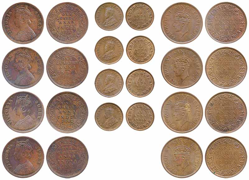 Assorted Copper (12), Victoria Queen, ¼ Anna (4), 1862, George V, 1/12 Anna (4), 1932 & Ge
