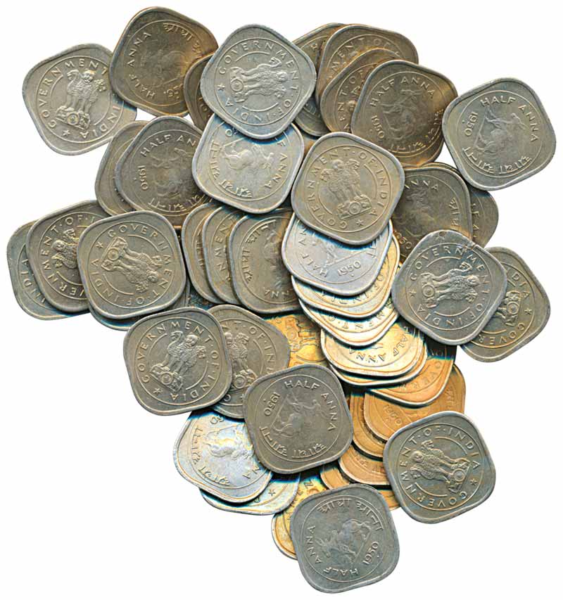 1950, Copper Nickel, ½ Anna (50), Obv: Ashoka Lion, Rev: Standing Bull, value in English &