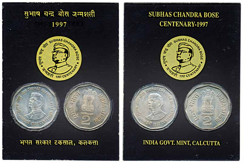 1997, “Netaji Subhas Chandra Bose”, uncirculated collector’s pack, set of 2 coins of 2 Rup