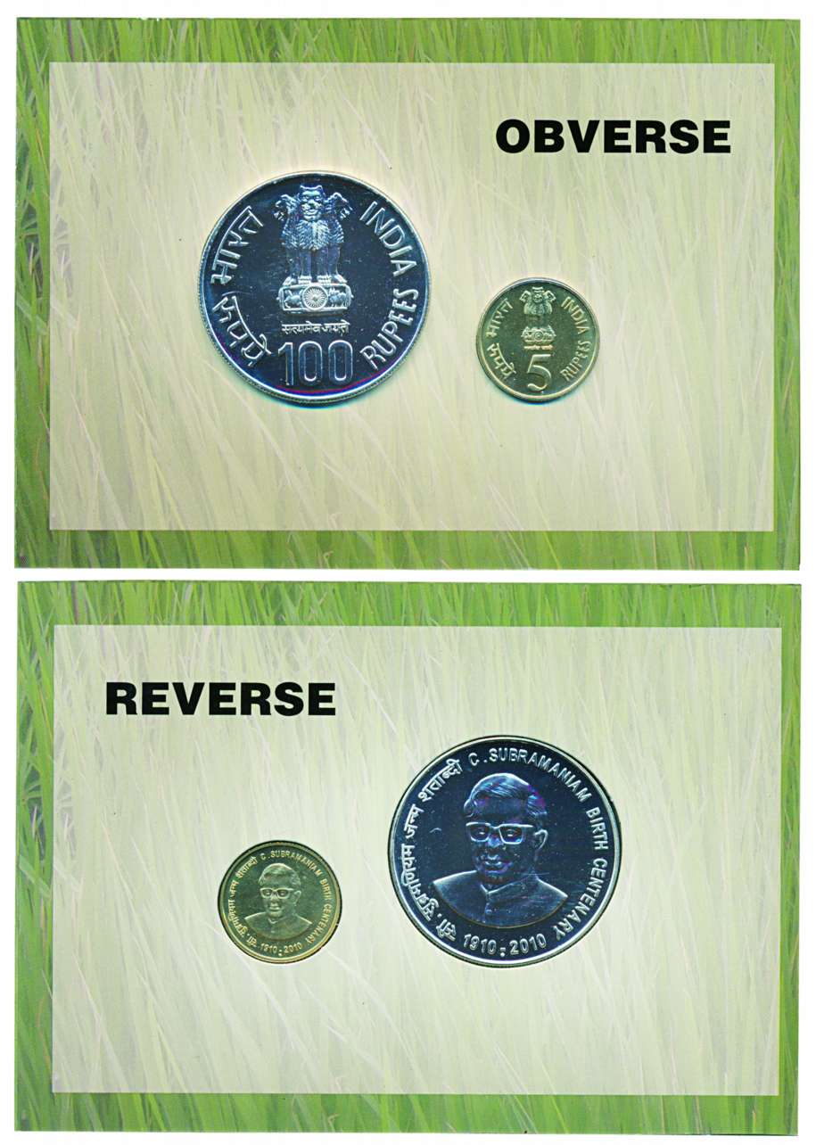 2010, “C Subramaniam Birth Centenary” Commemorative Coins, uncirculated set of 2 coins in 