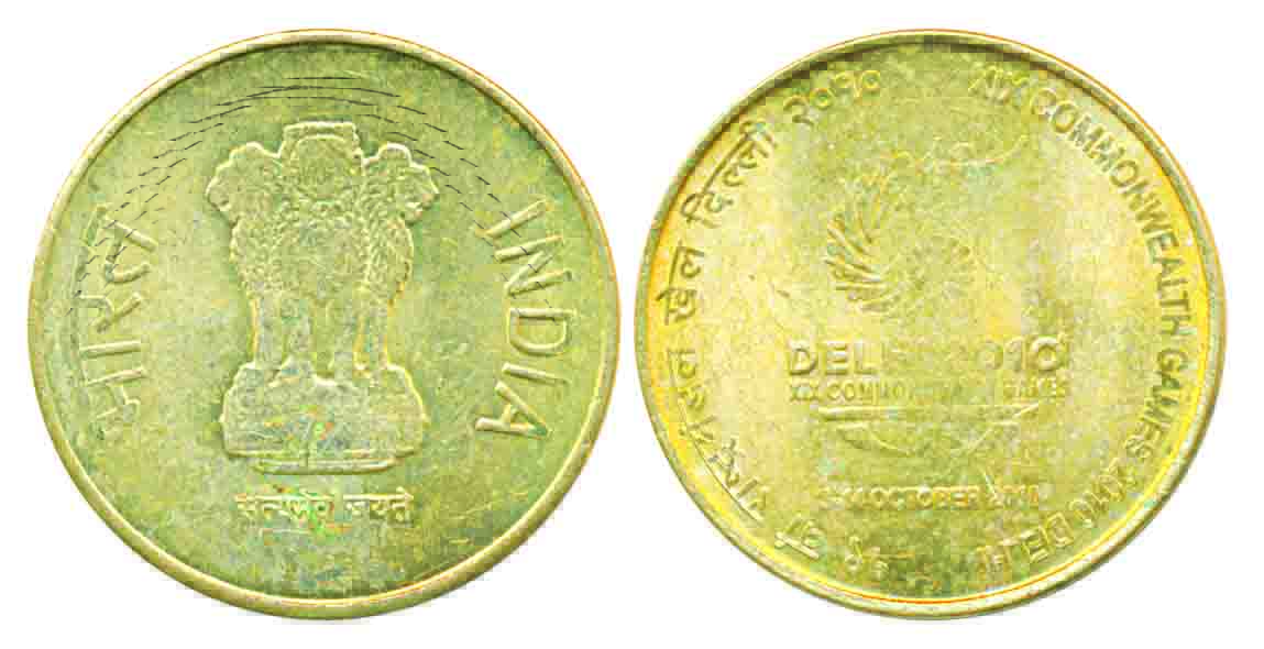 2010, Nickel-Brass 5 Rupees, “XIX Commonwealth Games 2010 Delhi”, Mule, Kolkatta Mint, wit