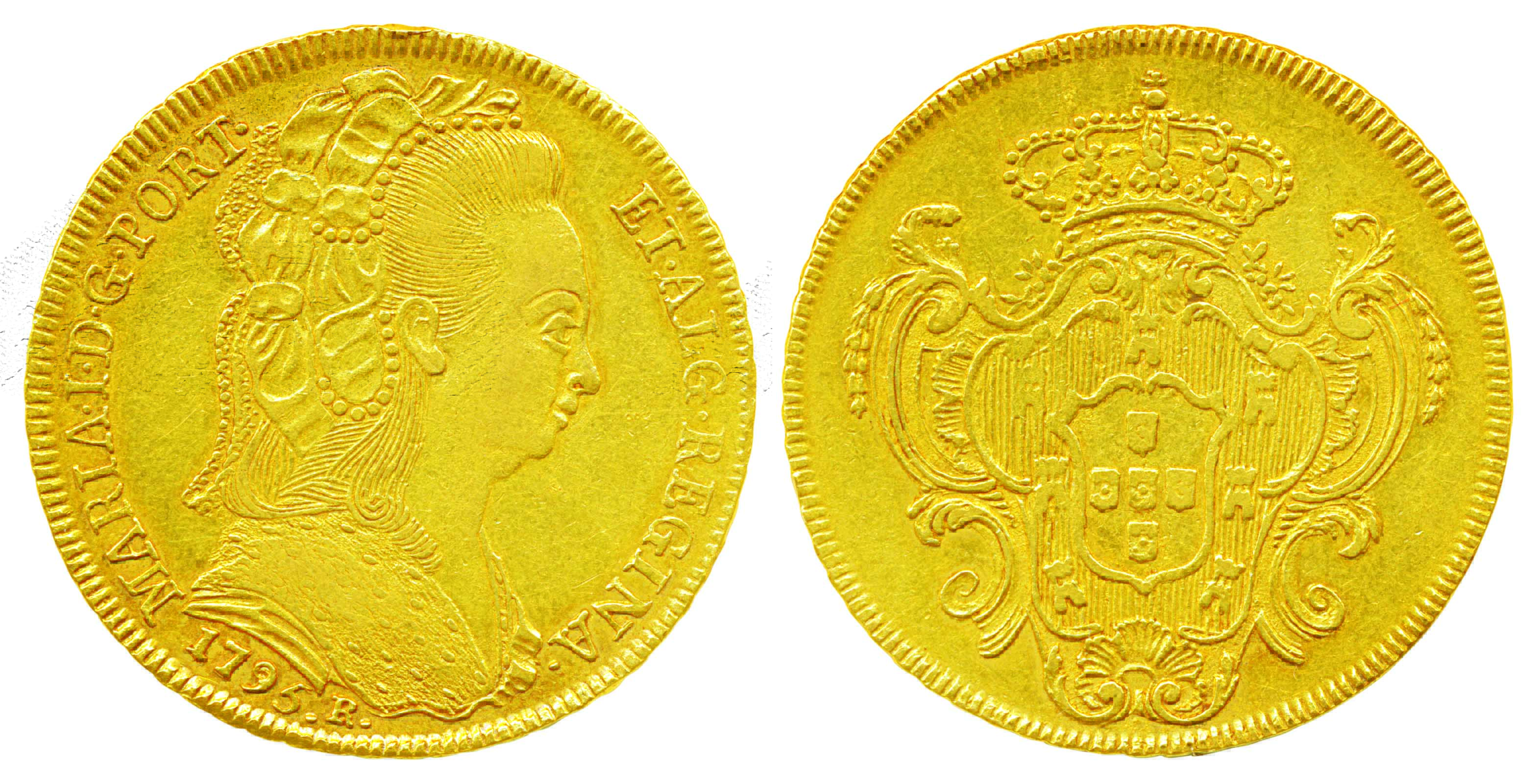 Brazil, Gold 6400 Reis, 14.27g, Khurjat, 1795, Obv: Single bust of Maria, Rev: Monogram wi