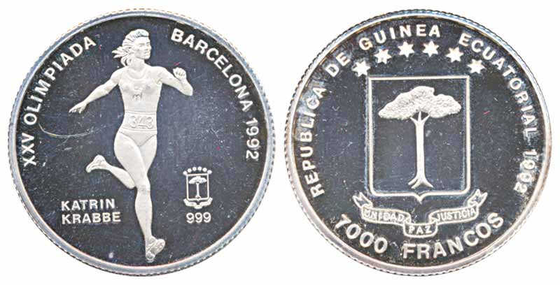 Equatorial Guinea, 7000 Francos, Proof, 1992, “XXV Barcelona Olympics”, Obv: Arms above de