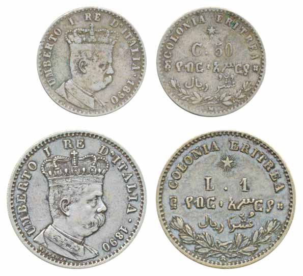 Eritrea- Italian Colony, Silver (2), 50 Centesimi & 1 Lira, 1890, Obv: Crown bust to right