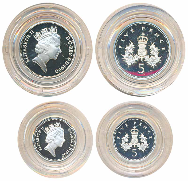 Great Britain, Silver 5 Pence, Proof set of 2 coins, 1990, Obv: Crown head to right, Rev: 