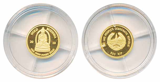 Laos, Gold 500 KIP, Proof, 2010, “LORD BUDDHA”, in original box of issue. Proof, rare.