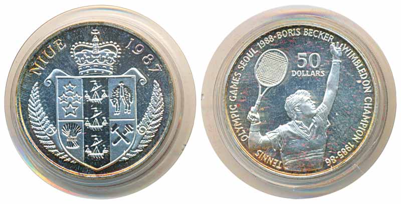 Niue, Silver 50 Dollers, Proof, 1988, “Seoul Olympics” Wimbledon Champion 1985-86 Tennis, 