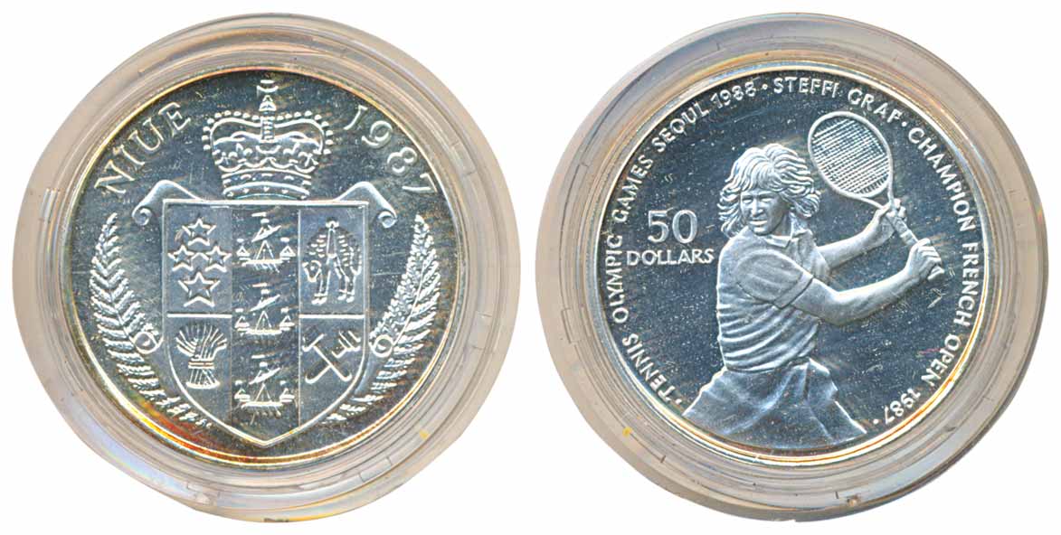 Niue, Silver 50 Dollers, Proof, 1988, “Seoul Olympics” French Open Champion 1987 Tennis, S