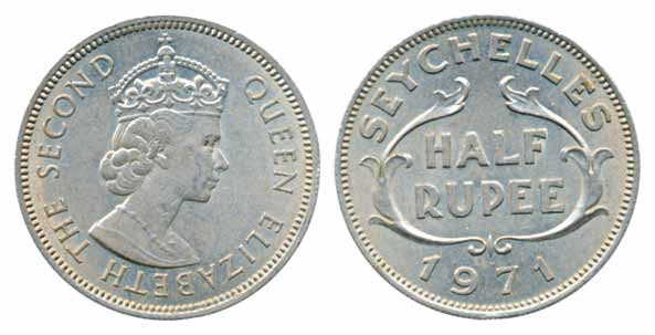 Seychelles, Copper Nickel, ½ Rupee, 1971, Obv: Crown bust of Queen Elizabeth II, Rev: Valu