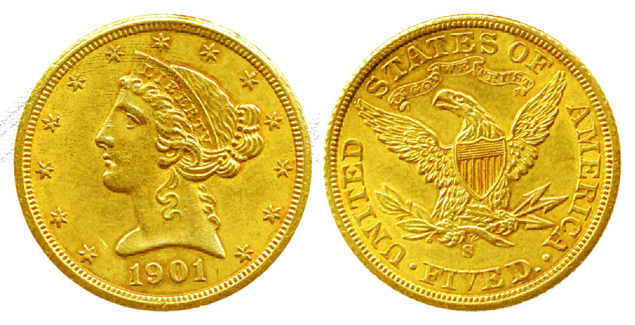 USA, Gold 5 Dollars, 8.35g, 1901, Liberty Head on obv. Very fine+, scarce.