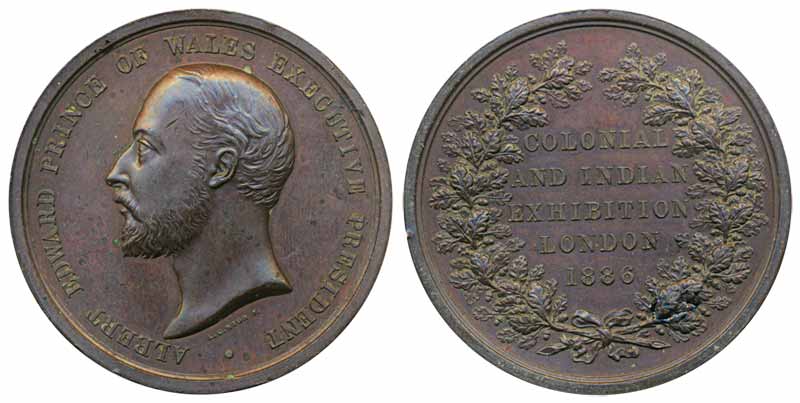 1886, “Colonial and Indian Exhibition London”, Copper Medal, Obv: Bust of Prince of Wales,