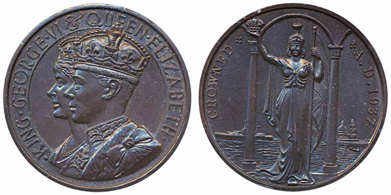 1937, George VI, Coronation Medal, Copper, Obv: Cojoined bust of King George VI & Queen El