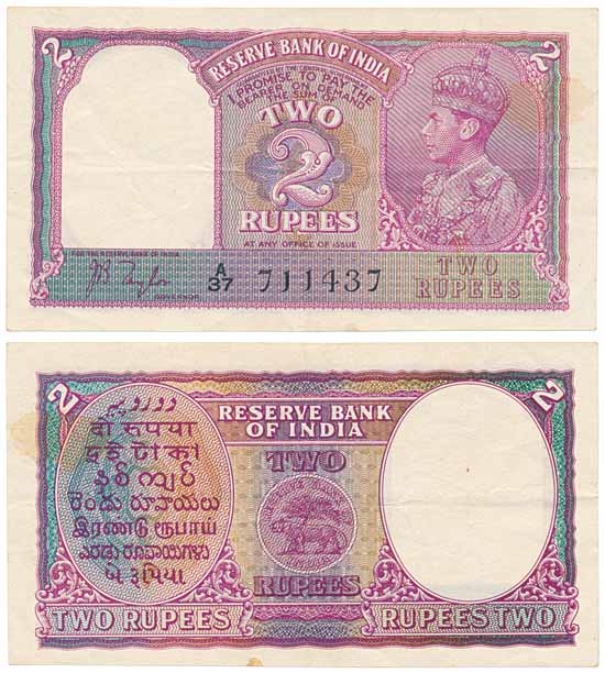 George VI, Rupees 2, Type 2, Signed J. B. Taylor, Prefix A/37 (Jhun 2.1). Usual pin hole, 