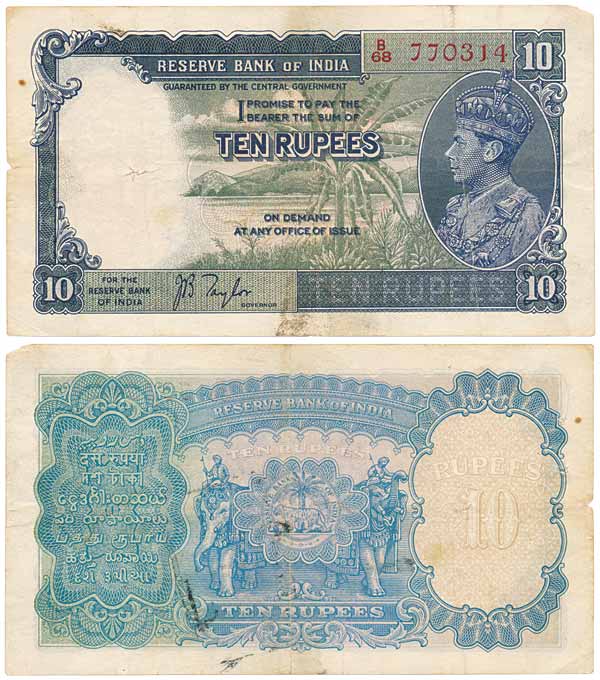 George VI, Rupees 10, Type 5, 1st Issue, Signed J. B. Taylor, Prefix B/68 (Jhun 5.1). Very