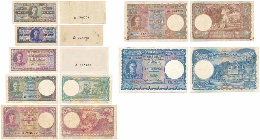 Government of Celyon, George VI (7), 10, 25 &amp; 50 Cents, 1,2,5 &amp; 10 Rupees, this no