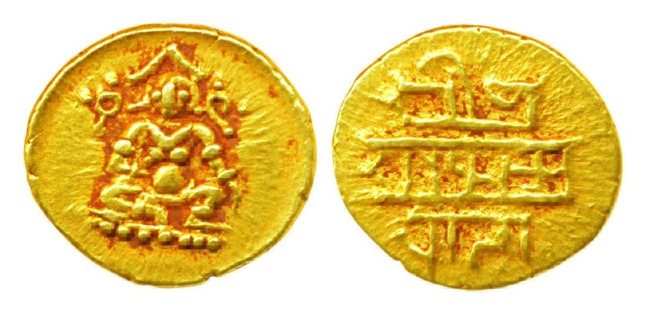 Vijaynagar, Krishnadevaraya, Gold ½ Varaha, 1.69g, Obv: Balakrishna seated facing, Conch &