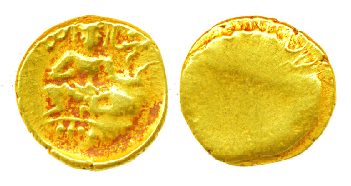 Vijaynagar, Krishnadevaraya, Gold ½ Varaha, 1.69g, Obv: Balakrishna seated facing, Conch &