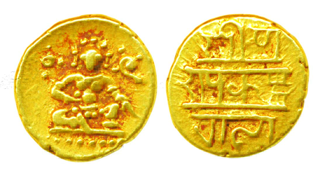Vijaynagar, Krishnadevaraya, Gold ½ Varaha, 1.69g, Obv: Balakrishna seated facing, Conch &