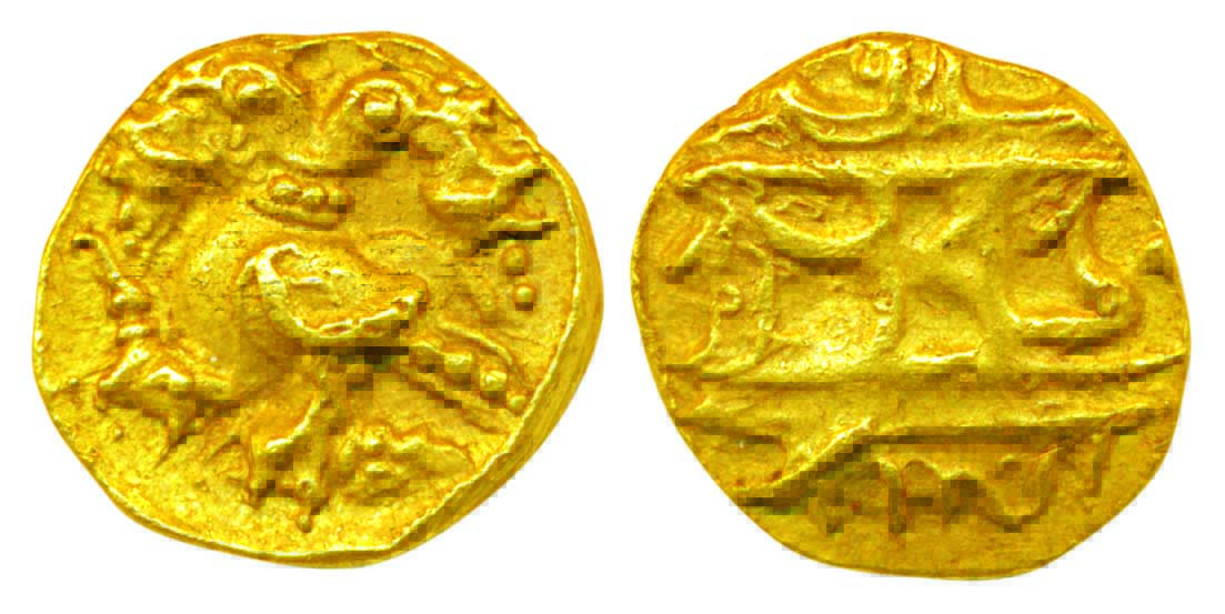 Vijayanagara, Achyutaraya, Gold ½ Varaha, 1.67g, Obv: Gandabherunda ( 2-headed eagle) walk
