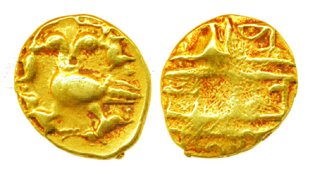 Vijayanagara, Achyutaraya, Gold ½ Varaha, 1.68g, Obv: Gandabherunda ( 2-headed eagle) walk