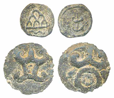 Chutus of Banvasi, Lead (2), fractional units, 1.77g& 0.47g, Obv: Nandipada, Rev: Srivatsa