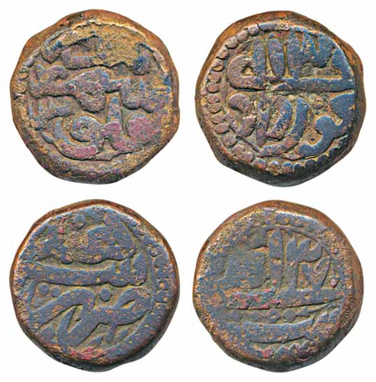 Akbar, Copper Dam (2), 19.67g, 20.40g,Sahranpur & Sahrind Mint, Ilahi 37 (KM# 32.22 & 32.2