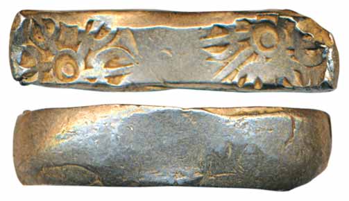 Punch Marked Coins, Gandhara Janpada, Silver Bent Bar, 11.40glong bar, six armed symbol at
