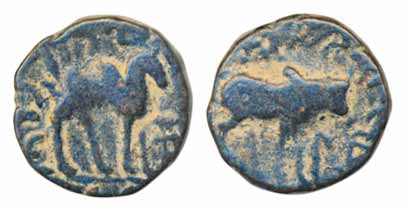 Kushanas, Wima Taktu, Copper, 4.09 g, Obv: Double Humped Camel, Rev: Bull to right with Kh