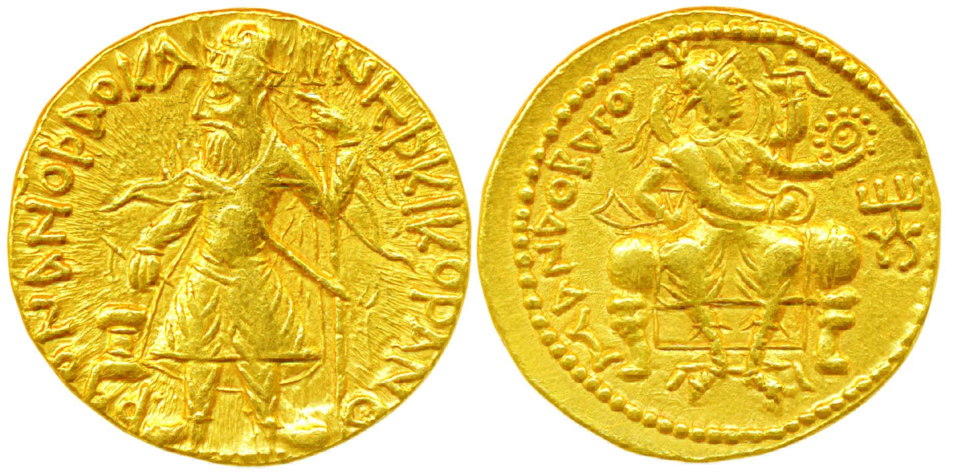 Kushan - Kanishka I ,gold Dinar, 7.96 gm, 'Manao Bago' type Obv: king standing holding a s