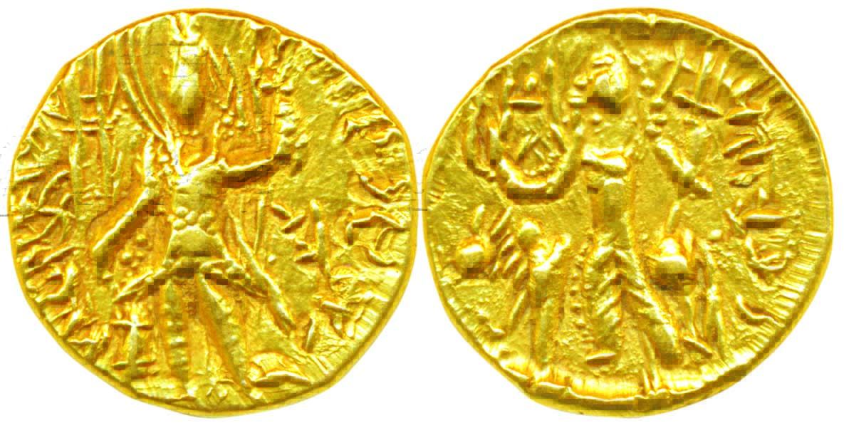 Kushanas, Vasudeva II?, Gold¼ Dinar, 1.98g, Obv: king standing, facing and holding a stand
