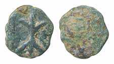 Western Kshatrapas, Bhumak, Copper, 0.23g, Obv: Thunderbolt, Rev: Lion-Wheel capital. Very