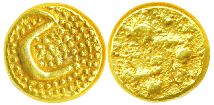 Haidar Ali, Gold ½ Pagoda, 1.69g, Obv: Bal Krishna seated, Rev: Persian “He” on granulated