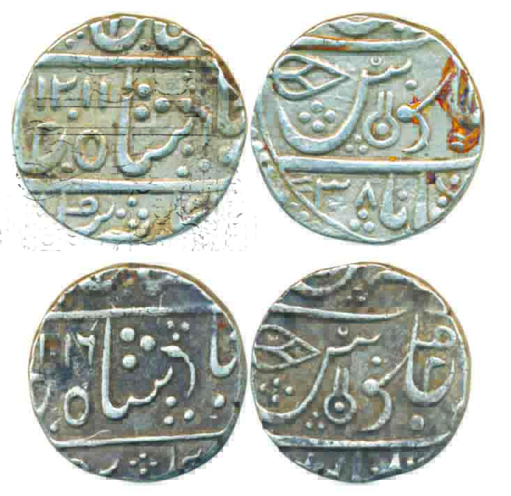 Silver Rupees (2), 11.20g, 11.31g, Maheshwar Mint, in the name of Shah Alam II, AH 1211/ R