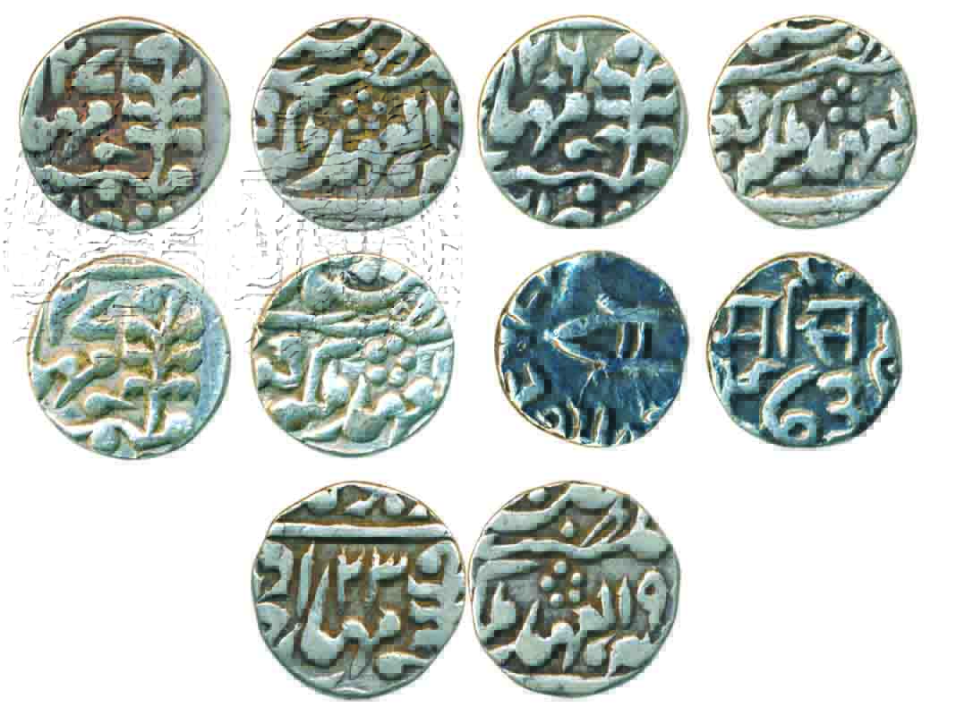 PS, Silver ¼ Rupees (5), Jaipur (4), Madho Singh II, RY 23, 26 & 27 (2) (KM# 139) & Bundi 