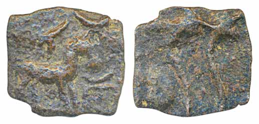 Malayaman, Copper, 3.04g, Obv: Horse standing to right facing an alter with traces of Brah