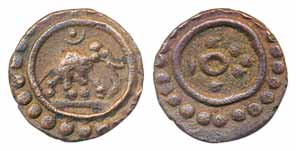 Copper Thirai cash, 0.77g, Obv: Elephant facing right with cresent above, Rev: Moon and fl