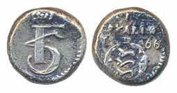 Frederik V, Silver Royaliner, 1.41g, 1766, Obv: Crowned F5 Monogram, Rev: Arms divided dat