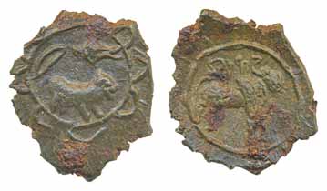 Pallavas, Mahendra Varman I, Potin, 1.08g, Obv: Tiger facing right, fish and bow above, le
