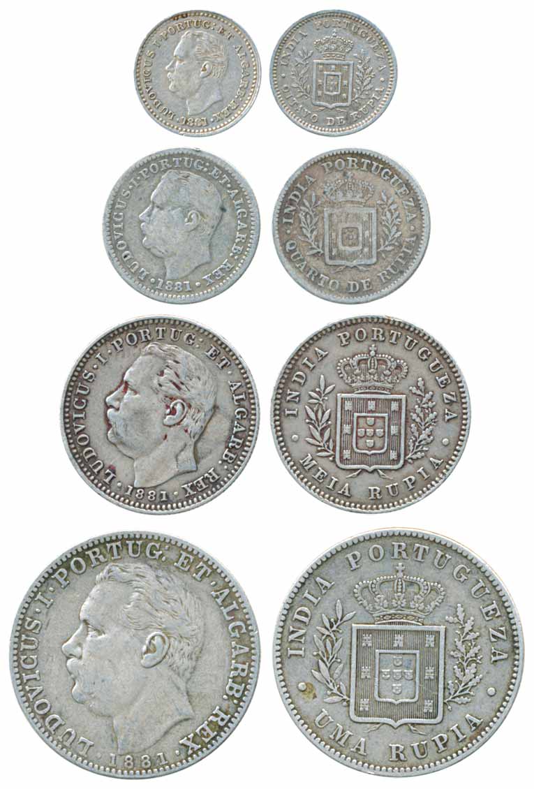 Luiz I, Silver (4), set of Rupee, ½, ¼ & 1/8 Rupee (KM# 312, 311, 310 & 309). Fine to very