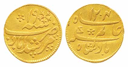 Gold ¼ Mohur, 3.07g, Murshidabad Mint, in the name of Shah Alam II, AH 1204/RY 19, secret 