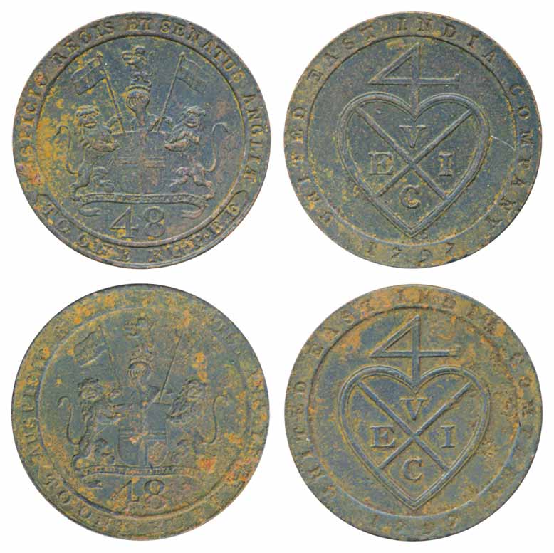 Copper 1/48 Rupee or Dub (2), 1797, Obv: arms of East India Company, legend around, Rev: b