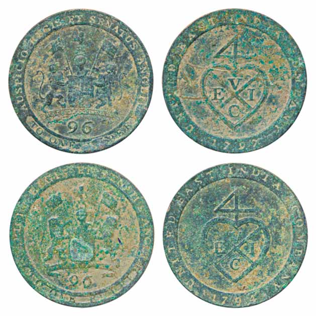 Copper 1/96 Rupee or ½ Dub (2), 1794 & 1797, Obv: arms of East India Company, legend aroun