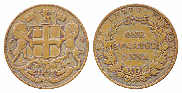Copper ¼ Anna, 1857, Obv: Arms with supporters, Rev: Value within Wreath (KM# 463.2). Very