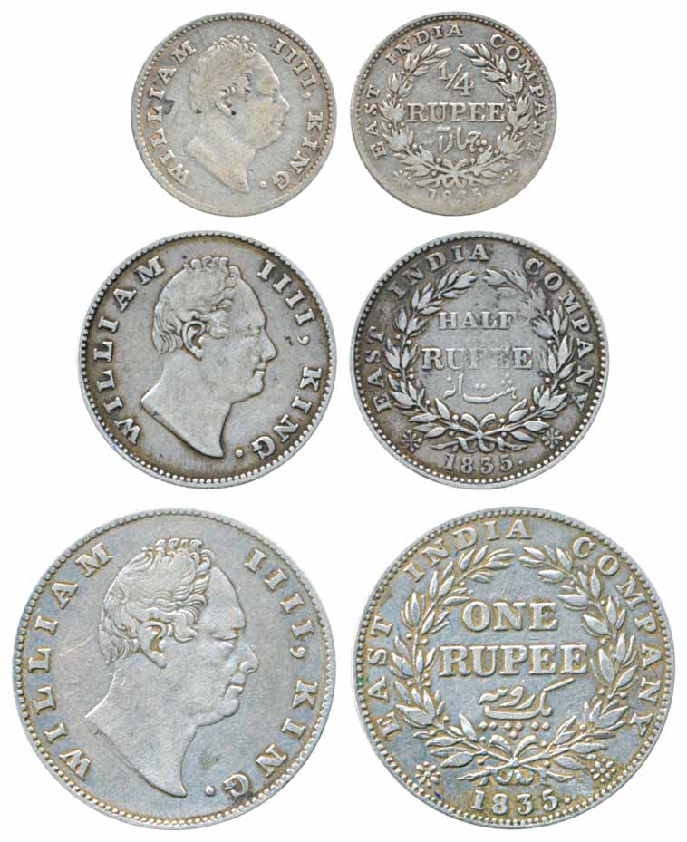 William IV, Silver, Set of 3 coins, Rupee, ½ & ¼ Rupee, 1835. Fine to very fine, scarce. 3